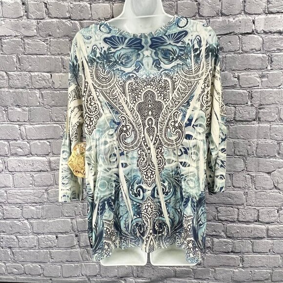 One World Womens V-Neck Lace Trim Tunic Top PXL Blue & Cream Paisley - Picture 7 of 10